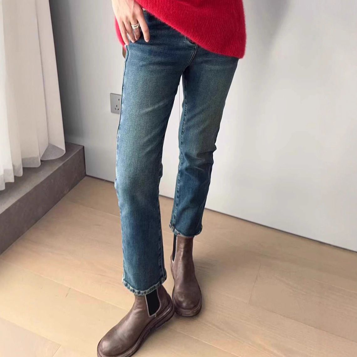 2025 New American and European Style Upgraded Brushed Cartoon Leg Jeans, Flocked Warm Straight Cropped Pants