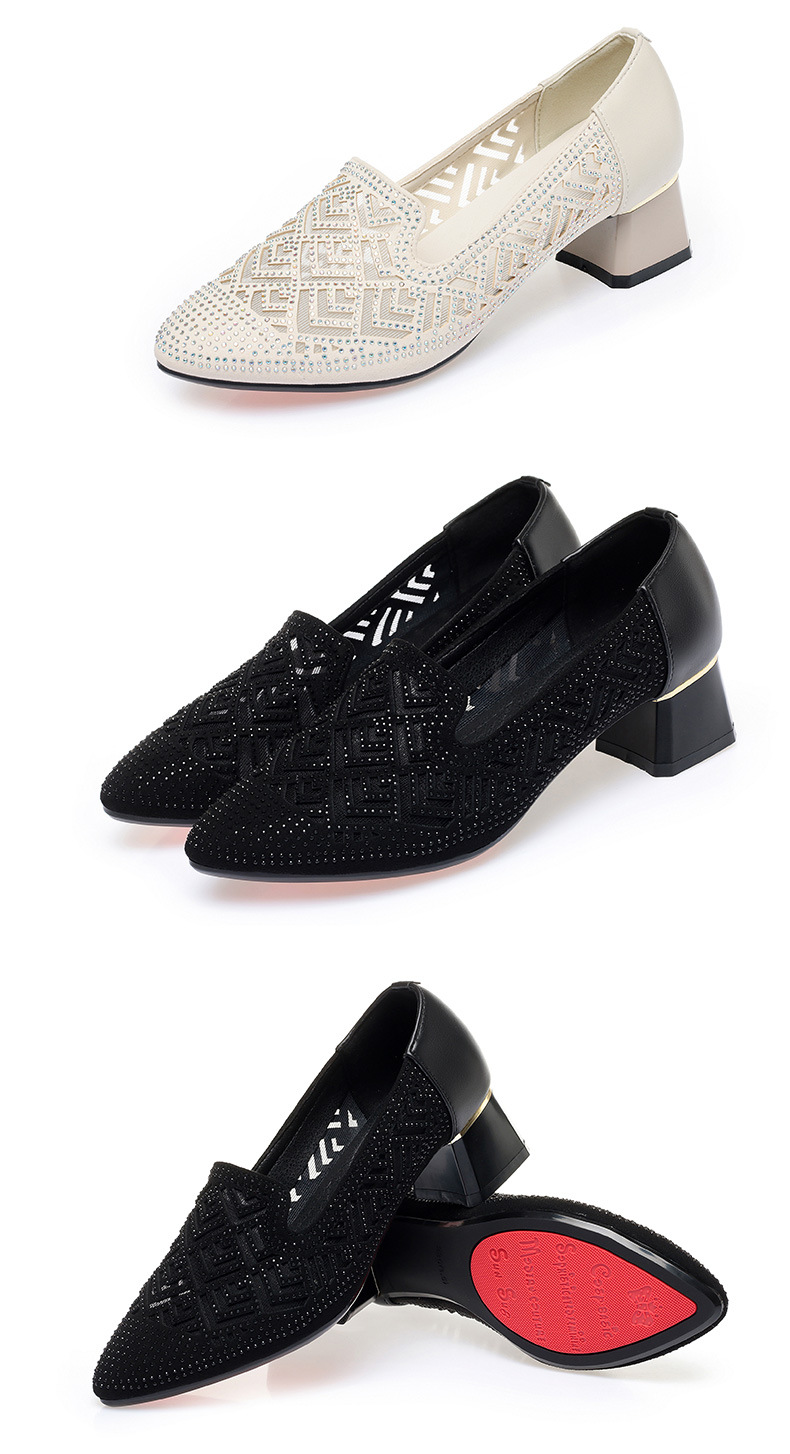 Sandal nữ quai chữ V gót thấp da thật lưới thoáng khí — màu đen chi tiết 14