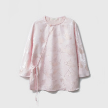 真丝上衣女100桑蚕丝织金银杏叶提花螺钿正绢圆领斜襟小衫