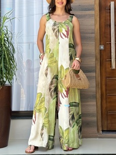 Plants Print Round Neck Sleeves Casual Wide Leg Jumpsuit