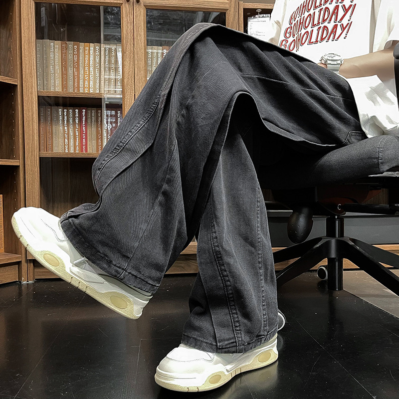 Vaqueros lavados retro, sentido del diseño de verano para hombres, pantalones vibe americanos de nicho, pantalones de papá rectos holgados de pierna ancha