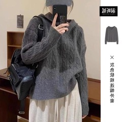 慵懒风韩系连帽毛衣女秋冬2025新款小个子内搭打底针织衫灰色上衣