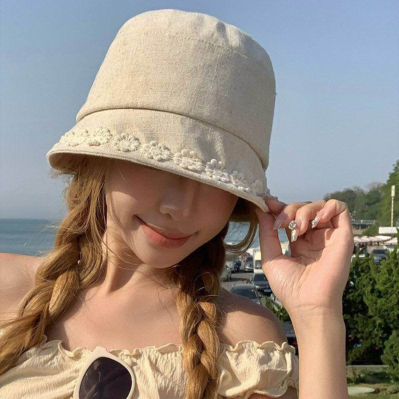日系花朵棉麻夏季渔夫帽女薄款透气百搭显脸小盆帽防晒遮阳帽子无|undefined