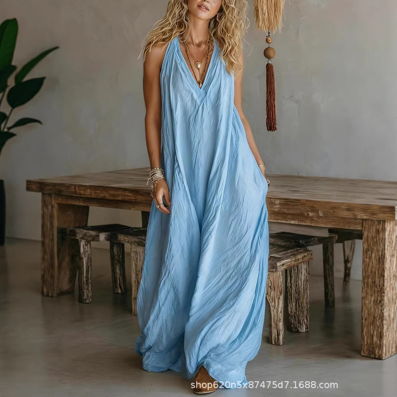 2026 Amazon European and American Cross-Border New Women's Fashion Casual Sleeveless Loose Pocket Long Dress for Women