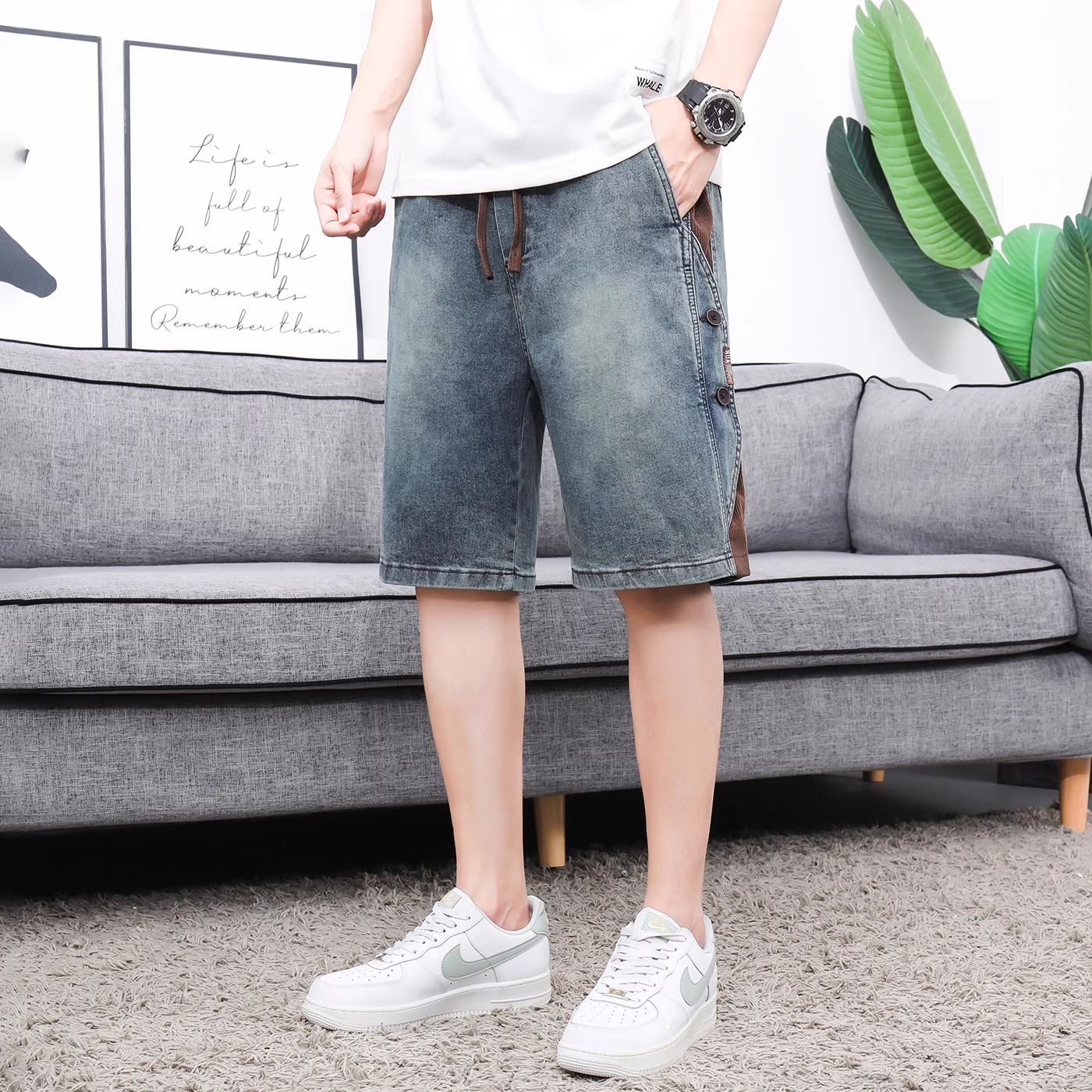 Pantalones Cortos Vaqueros para Hombre de Algodón Corte Recto para Uso Diario