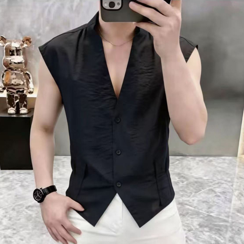 M High-End 2026 Summer New Men's Light Luxury Trendy V-Neck Solid Color Shirt Vest Fashionable Versatile Stylish and Handsome