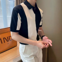 韩版夏季冰丝短袖渐变拼色男衫休闲条纹撞色翻领潮流透气针织现货
