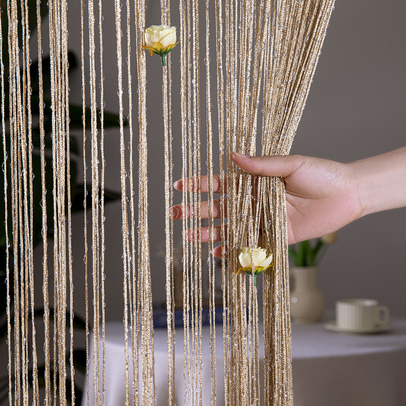 Cross-border Rose Line Curtain Silver Silk Flower Curtain Door Curtain Encrypted Tassel Curtain Partition Curtain Birthday Party Background