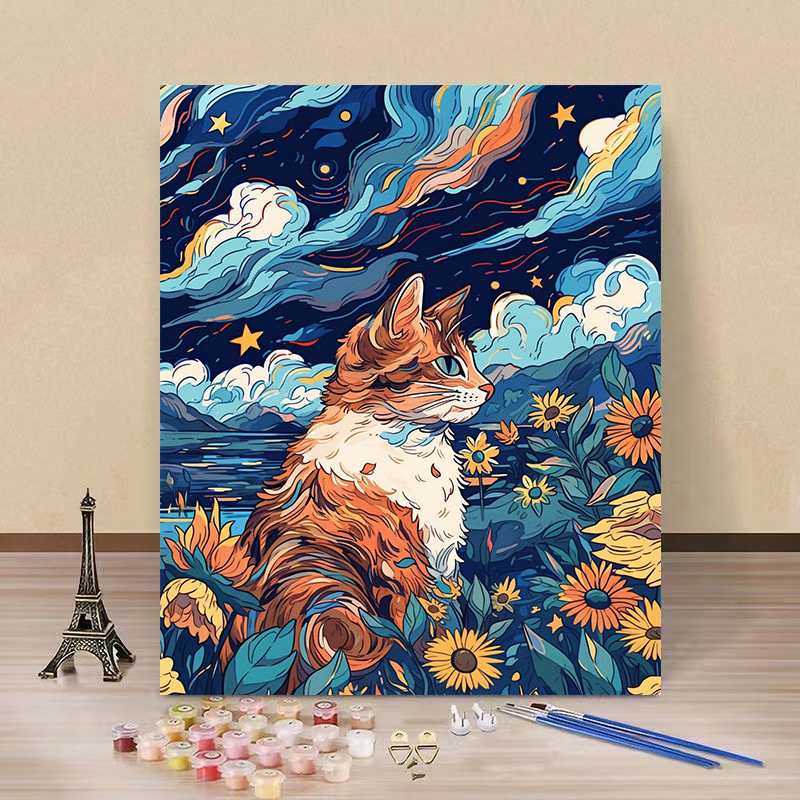 Pintura por números “Gato Estrellado” — arte DIY de fábrica al por mayor, estilo Van Gogh, flores y paisajes hechos a mano