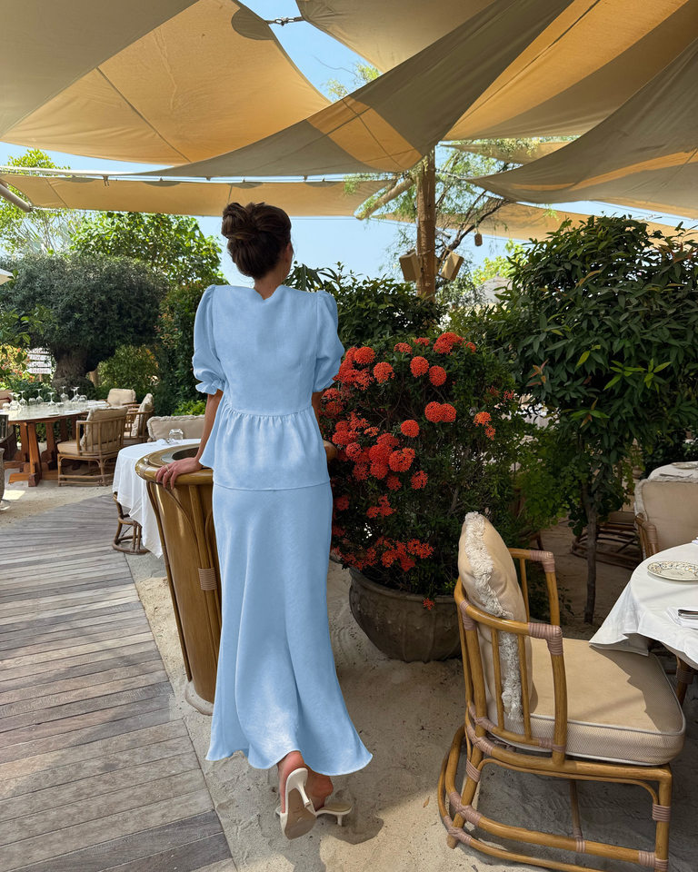 Set áo cổ V tay ngắn phối chân váy dài xòe, tay áo phồng, phong cách nhẹ nhàng — Màu cà phê, màu vàng, màu xanh, trắng chi tiết 58