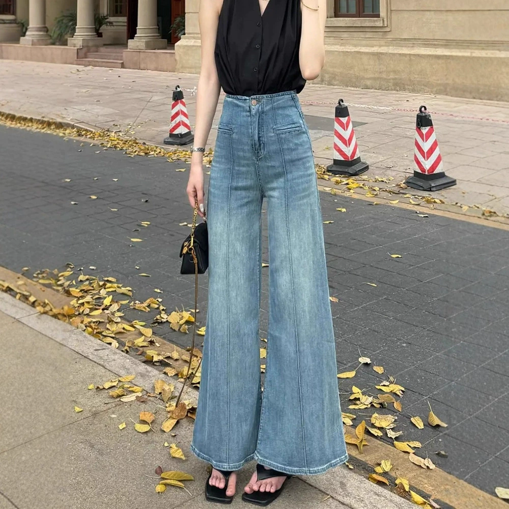 2025 весна и лето новые узкие джинсы с высокой талией для женщин, свободные и драпированные, универсальные модные широкие брюки, прямые брюки