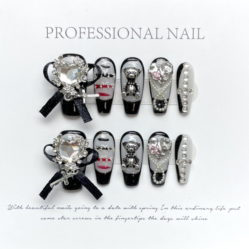 [Original design] luxury nail bow exaggerated zircon wear nail Dark Court finished nail piece