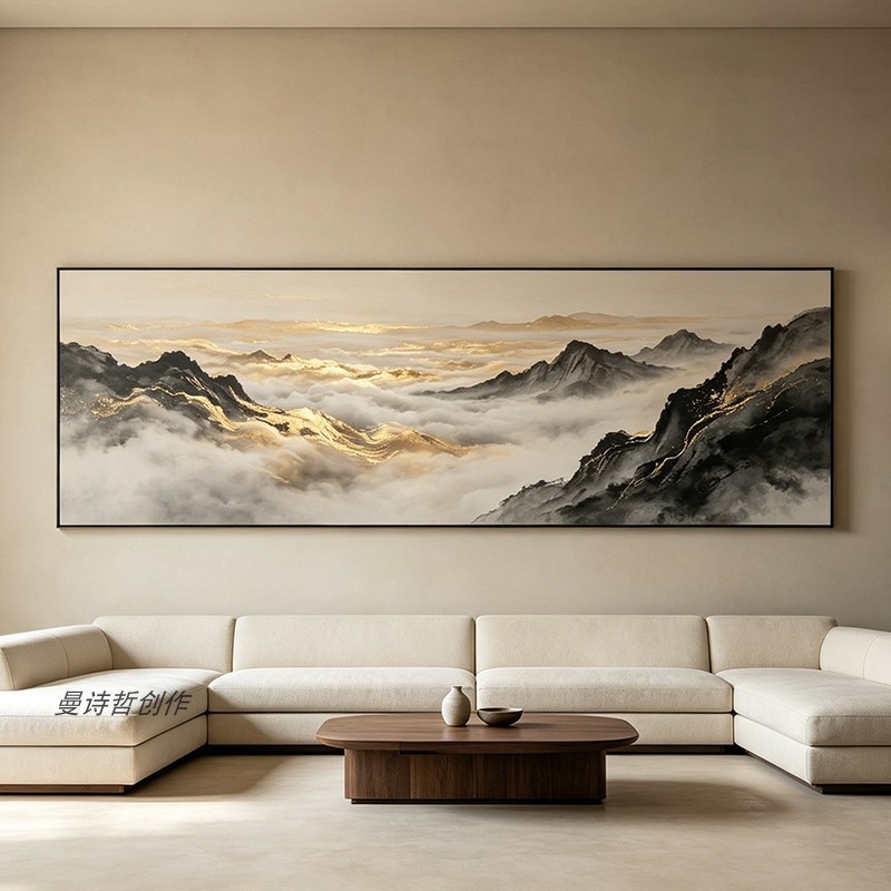 Golden landscape painting for living room decoration, "Sunlit Golden Mountain" in new Chinese style, wall hanging painting for sofa background, bedroom headboard mural
