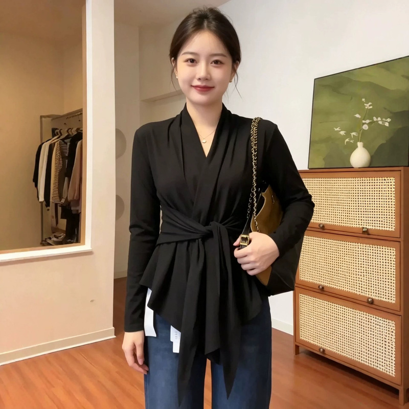 Plus-size women's long-sleeved shirt with ties, 2026 autumn/winter collection, French-style elegant and gentle top, cross-border Amazon Plus-size women's long-sleeved shirt with ties, 2026 autumn/winter collection, French-style elegant and gentle top, cross-border Amazon