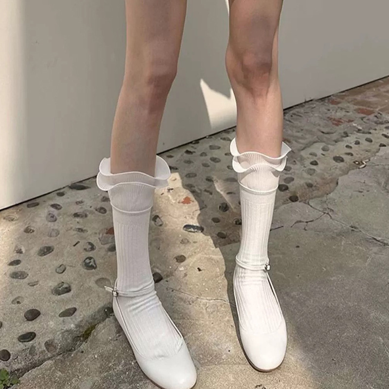 White Ballet Style Double-layer Ruffled Socks Women's Mid-barrel Summer Thin Pleated Calf Small Internet Celebrant Pile Socks