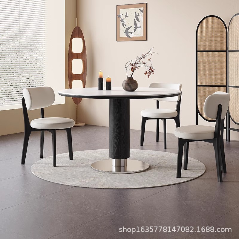 Mesa de comedor de tablero de roca de madera maciza retro estilo antiguo, pequeño apartamento francés, mesa de negociación redonda de color nogal de acero inoxidable para el hogar