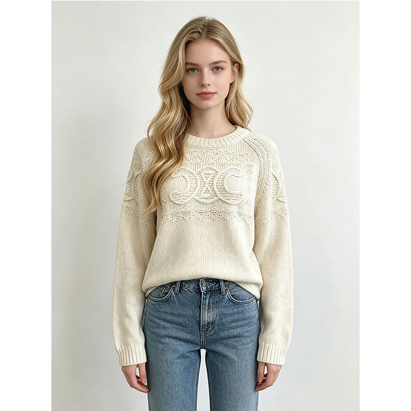 Cross-Border Autumn and Winter Lettered Three-Dimensional Crochet Sweater, Women's New Round-Neck Loose Lazy Style Knit Top