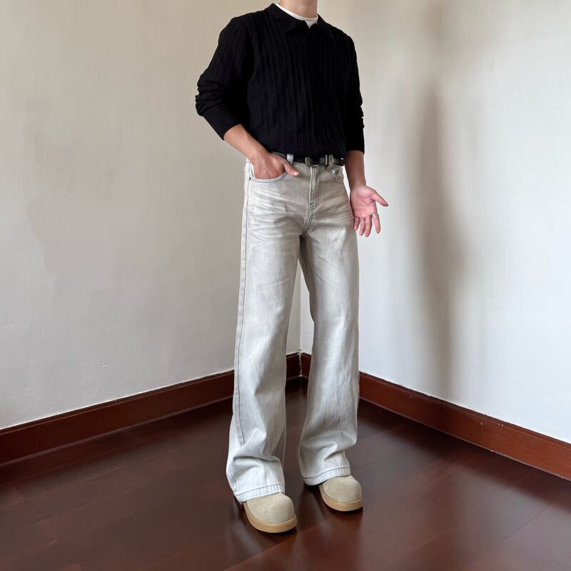 Spring and Summer American Retro Distressed Cat Whisker Jeans for Men, Straight-Leg Washed Vintage Flared Long Pants Trendy