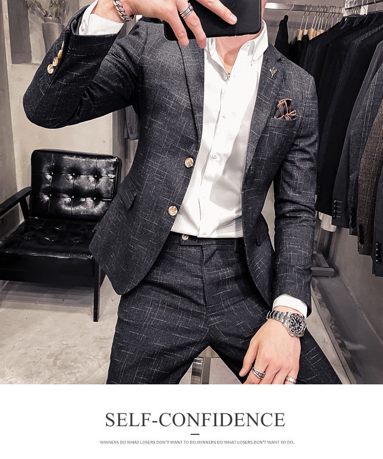 Men's Slim Fit Suit With Dark Pattern Two Button Jacket And Trousers_voghion.com