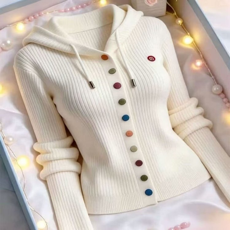 Dropshipping 2026 Autumn New Fashion Korean Style Trendy Design Long Sleeve Knit Hooded Slimming Top for Women