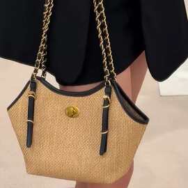 2026小香风链条编织包腋下包女单肩包购物袋大托特包度假草编包