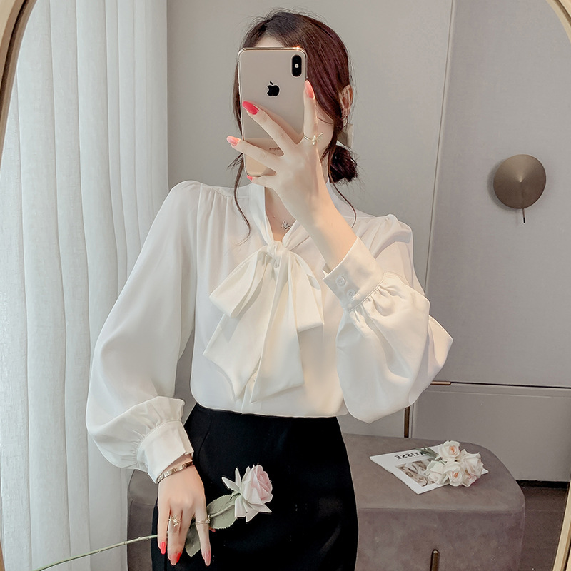 法式蝴蝶结衬衫女春秋2025年新款长袖上衣小个子内搭白衬衣雪纺衫|undefined