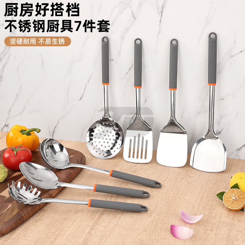 스테인레스 스틸 주방 용품 수프 스푼 비 스틱 실리콘 손잡이 주방 용품 세트 홈 선물 주걱 소쿠리 프라이팬 주걱 세트