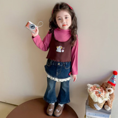女童秋装裤子2025新款卡通刺绣蘑菇牛仔裤女小童春秋款喇叭裤