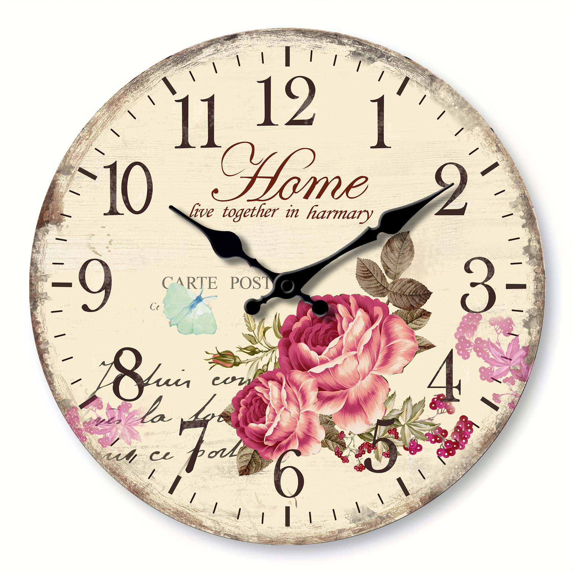 12inch Wall Clock Living Room Home Clock Decoration Wooden Clock Silent Creative Retro Punch-Free Cross-Border Wholesale