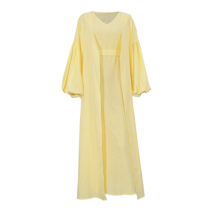 Women's Fashion 2026 Spring And Autumn New Casual Vest Dress With Puff Sleeves, Solid Color Long Robe Two-Piece Set_ecoleips.com