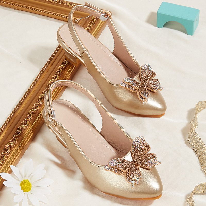 2026 New Shoes for Children Aged 7-12, Girls' Sandals with Bow, Pointed Toe, High-Heeled Kidsren's Flats, Kidsren's Shoes