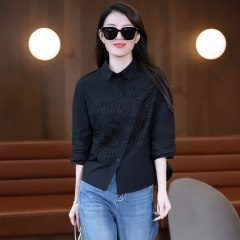 不規則ファッション半袖シャツ女装重工刺繍上着春夏新作気質ゆるい七分袖シャツ