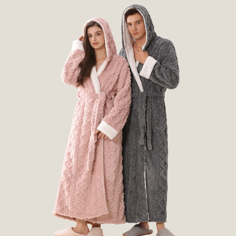 Temu Fully Managed Cross-Border Extended Hooded Flannel Nightgown for Women Thickeneded and Warm Couple Coral Velvet Pajamas and Bathrobes