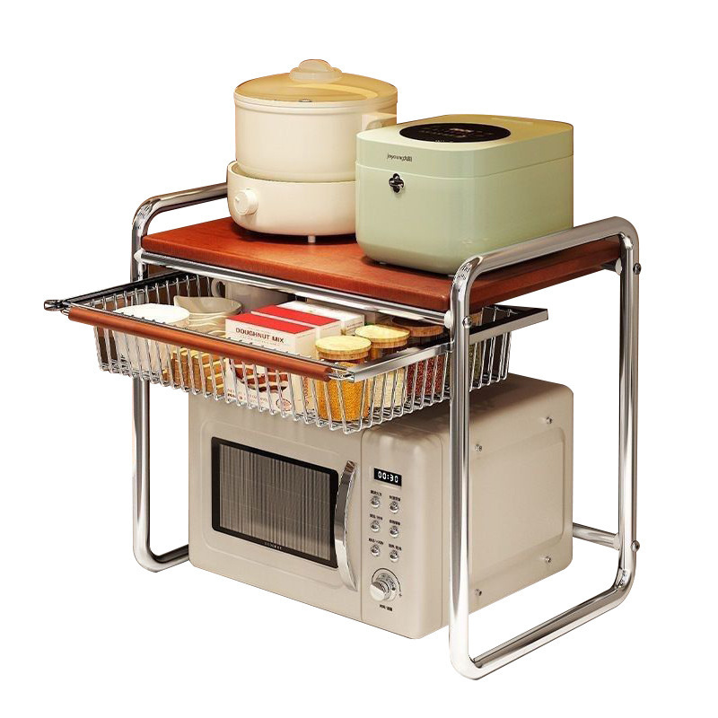 中世スタイルの電子レンジ収納ラックキッチン引き出し式カウンタートップ炊飯器オーブンラック多機能収納ラック|undefined