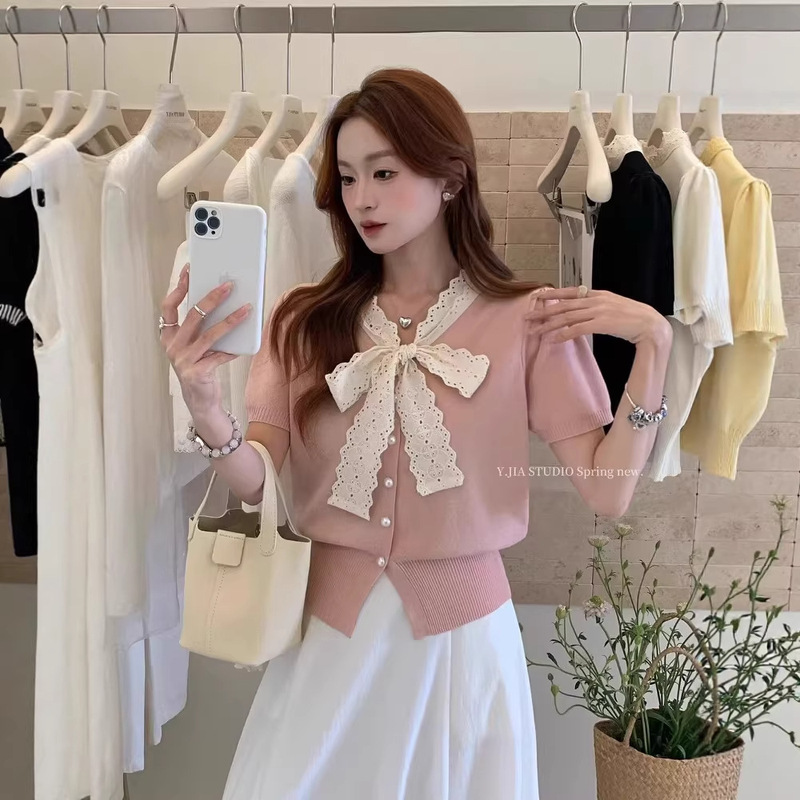 Korean-Style Summer New Lace-Up Bow Short-Sleeve Knit Top for Women, Thin and Unique Design