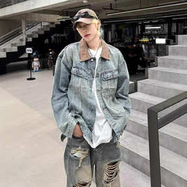 2025新款小众复古水洗做旧垫肩牛仔外套男宽松金属设计无领夹克潮