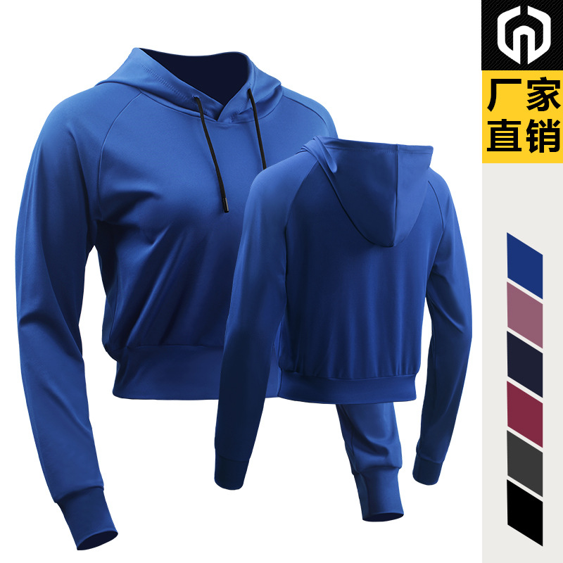 Casual de manga larga con capucha suéter expuesto ombligo ropa de entrenamiento de las mujeres al aire libre correr yoga deportes ropa delgada F8077