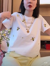 重工小蜜蜂刺绣短袖T恤女2024夏季新款时尚宽松百搭显瘦圆领上衣