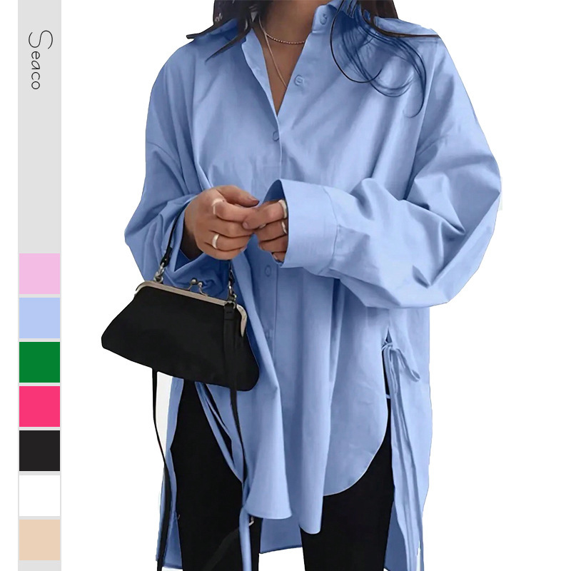 European and American Export Women's Clothing Amazon Aliexpress New Women's Early Autumn Loose Short Front and Long Back Lace-Up Slim Shirt