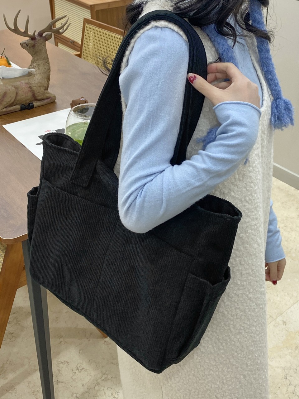 Black Corduroy Tote Bag for Daily Commute Office Use
