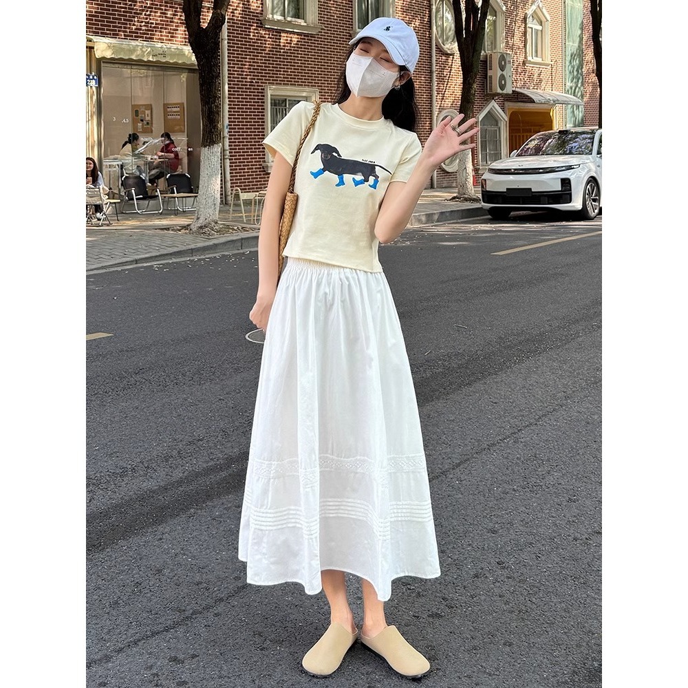 Chân váy xòe chữ A trắng phong cách Hàn Quốc eo thun — Màu trắng (vải cotton lót túi)