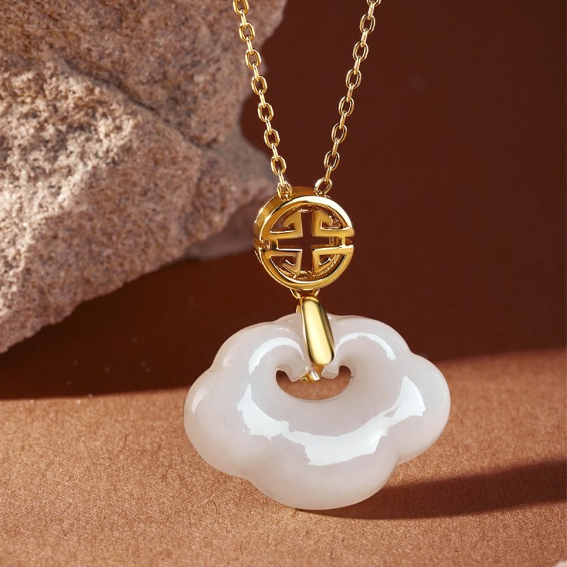 S925纯银电镀22K金项链女白色和田玉万福长命锁吊坠母亲节锁骨链