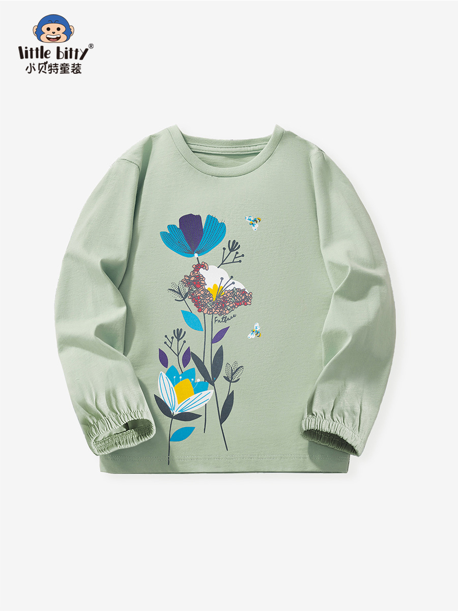Cross-Border Kidsren's Clothing Autumn and Winter Girls Long-Sleeved T-Shirt Tops Cartoon Flower Print Pullover Round Neck Knitwear European and American