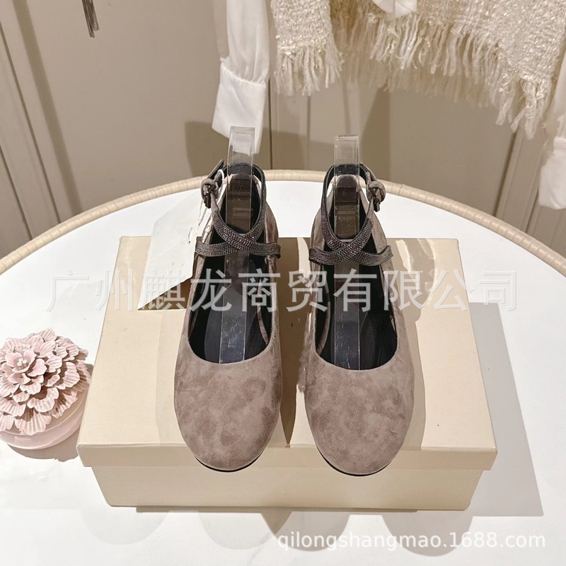 高端品质2025新款真皮圆头浅口平底手工串珠脚腕扣带芭蕾舞鞋单鞋|undefined