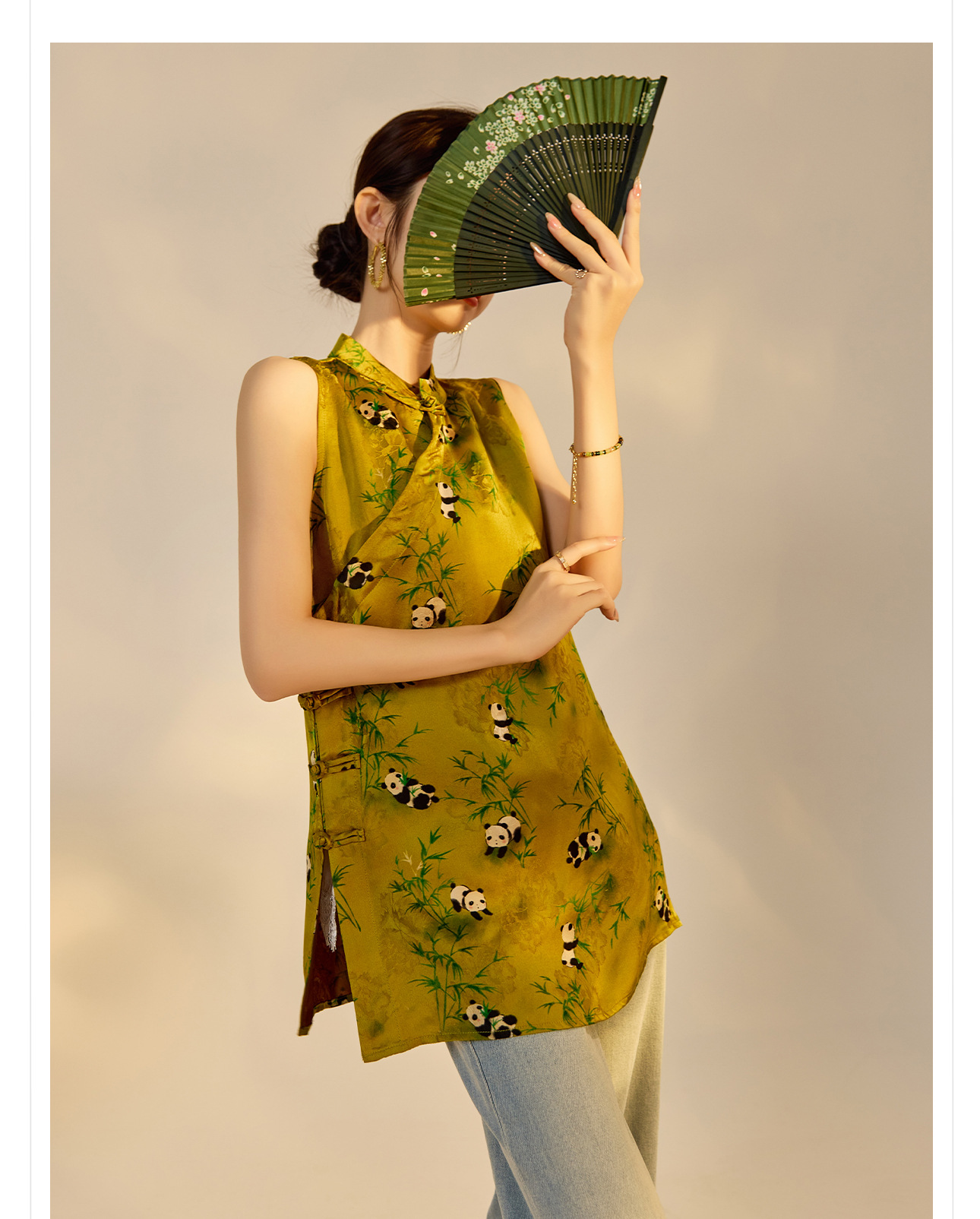 Áo vest cổ tre họa tiết gấu trúc phong cách Trung Hoa mới dành cho nữ — Màu vàng chi tiết 6