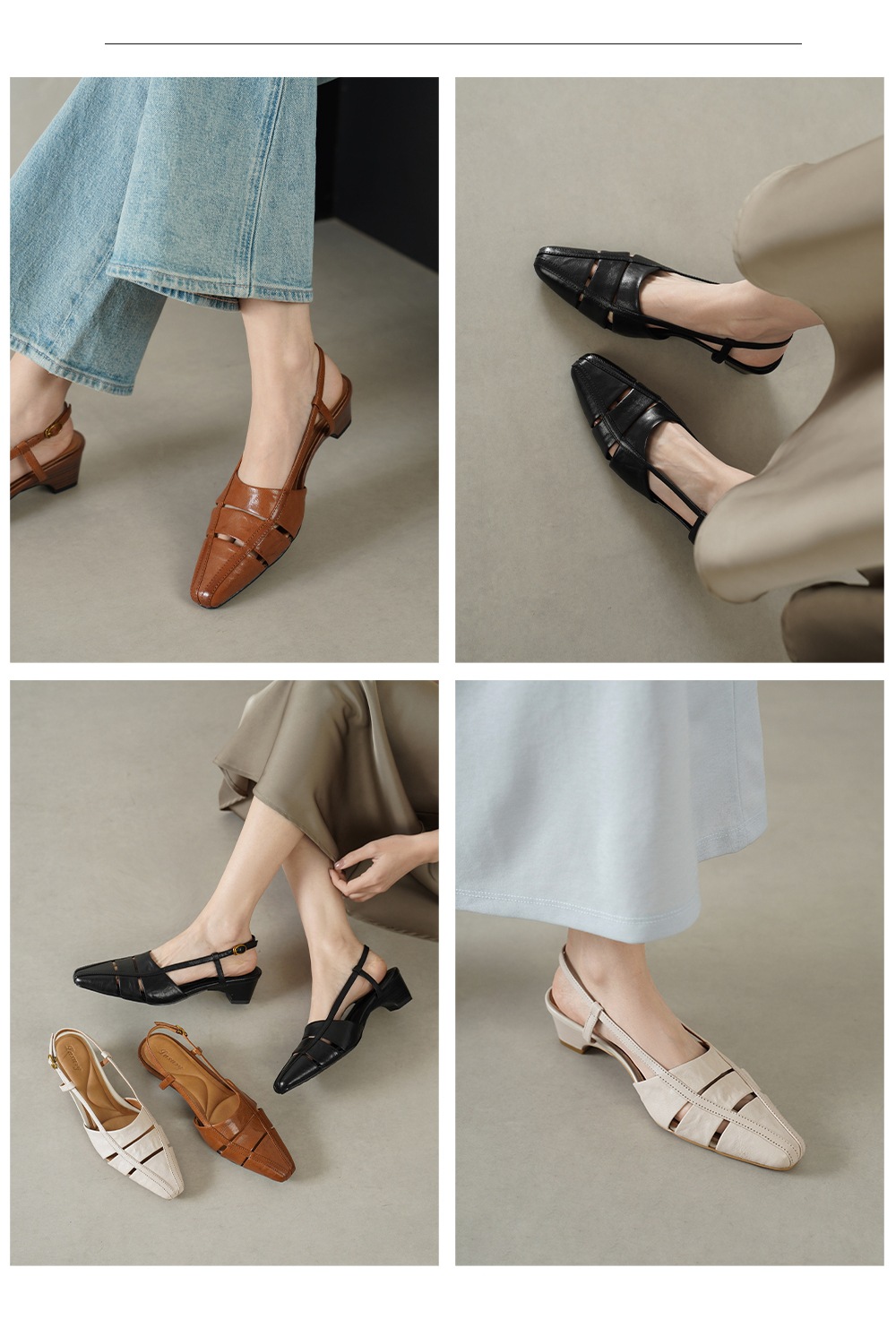 Sandal nữ da cừu gót thô quai ngang phong cách La Mã hở gót — đen chi tiết 1
