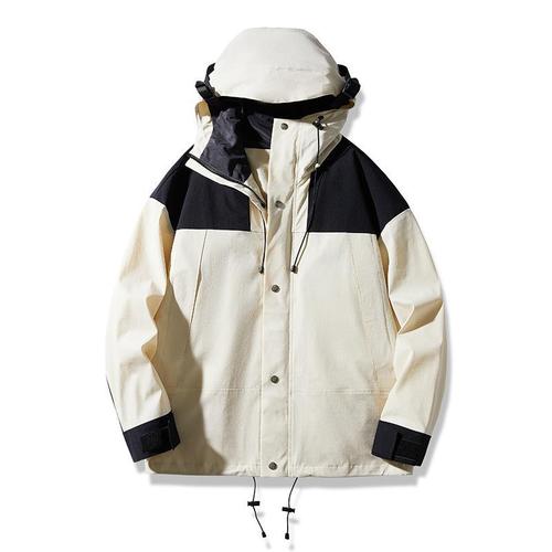 Spring and Autumn Outdoor Windproof & Waterproof Jacket with Detachable Hood—Men's and Women's Couple Style, Available in Navy Blue Patchwork