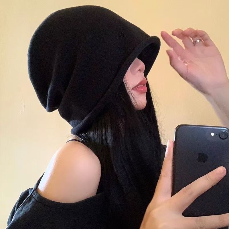 帽子女秋冬季抽绳堆堆帽显脸小毛线帽保暖防寒针织卷边百搭包头帽|undefined