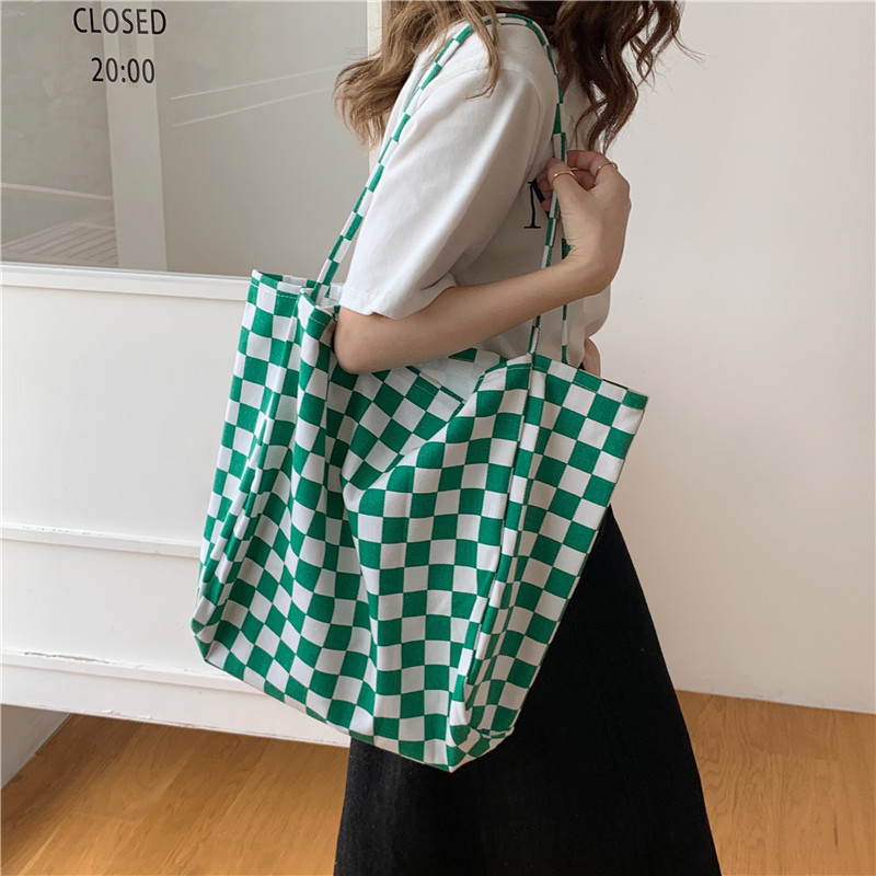 【 In Stock 】18181 checkerboard green checkered canvas bag, school-style commuter single-shoulder bag, retro hand-held tote bag undefined
