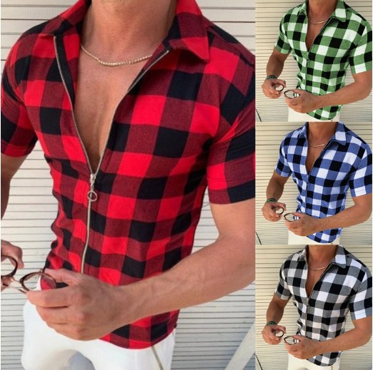 Cross-Border Export 2025 European and American Lapel Plaid Printed Shirt Men's Slim Fashion Zipper Cardigan Short-Sleeved T-Shirt